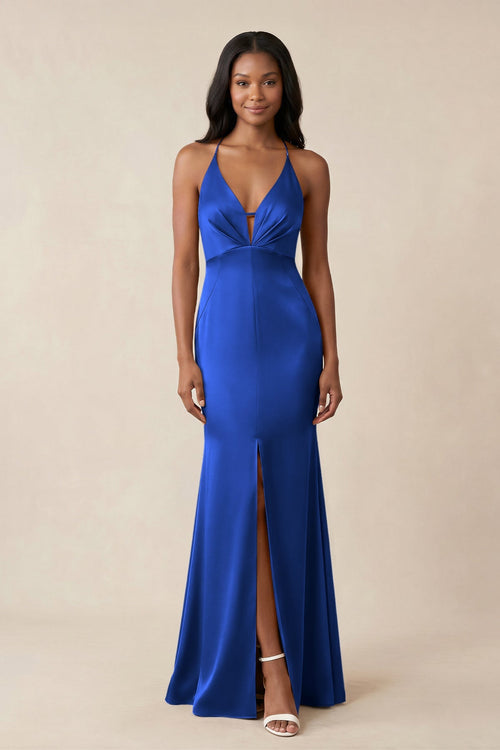 Mermaid V - Neck Satin Bridesmaid Dress With Slit in Royal Blue - KISS BRIDAL Bridesmaid Dresses