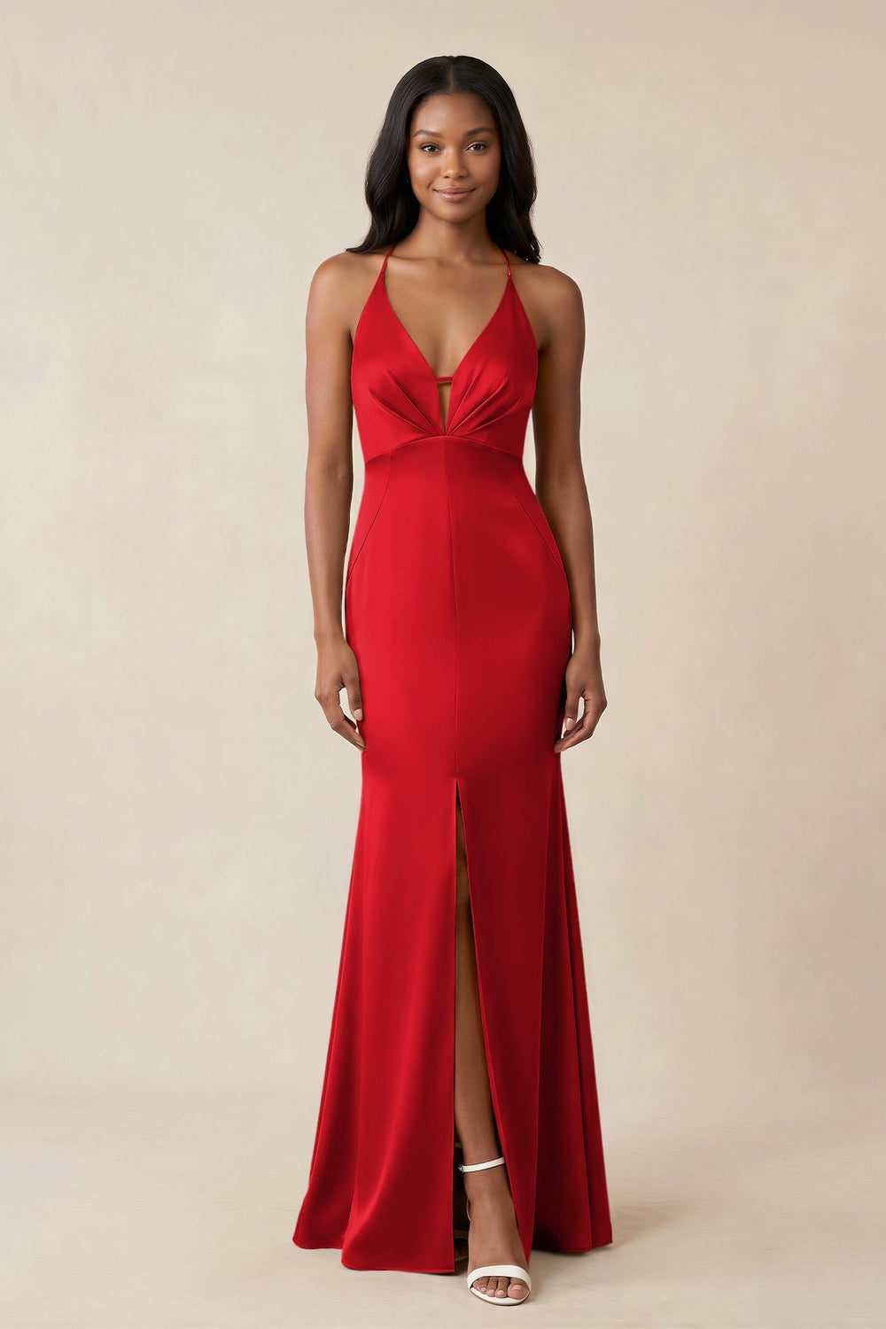 Mermaid V - Neck Satin Bridesmaid Dress With Slit in Ruby Red - KISS BRIDAL Bridesmaid Dresses