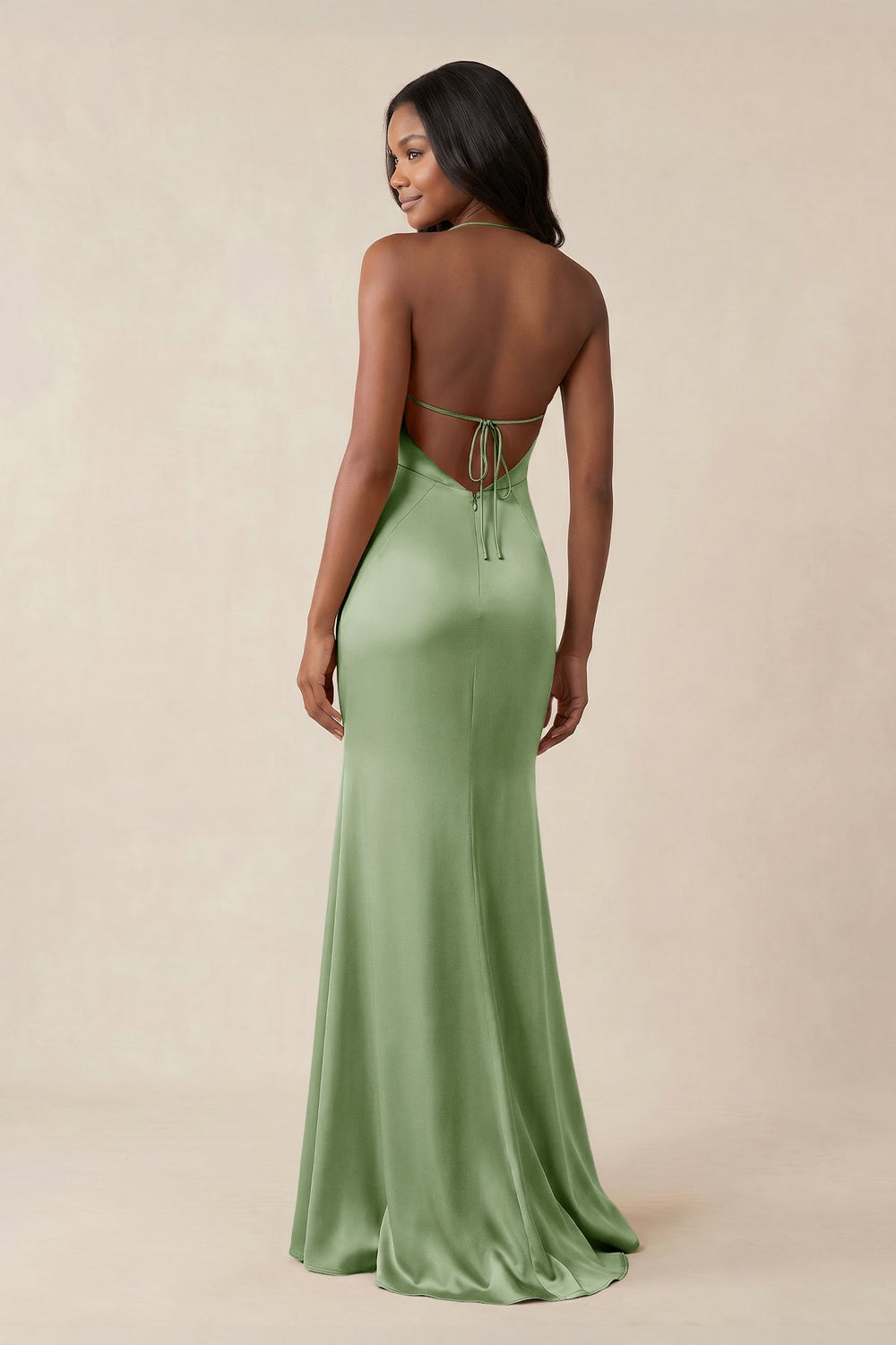 Mermaid V - Neck Satin Bridesmaid Dress With Slit in Sage - KISS BRIDAL Bridesmaid Dresses