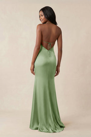 Mermaid V - Neck Satin Bridesmaid Dress With Slit in Sage - KISS BRIDAL Bridesmaid Dresses