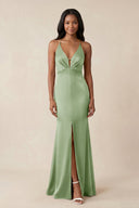 Mermaid V - Neck Satin Bridesmaid Dress With Slit in Sage - KISS BRIDAL Bridesmaid Dresses