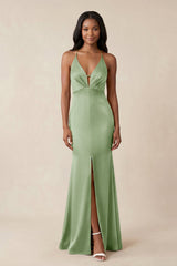 Mermaid V - Neck Satin Bridesmaid Dress With Slit in Sage - KISS BRIDAL Bridesmaid Dresses