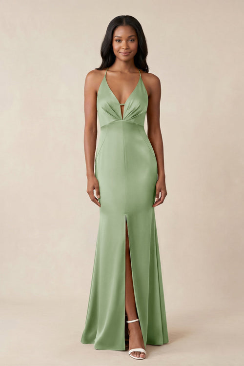 Mermaid V - Neck Satin Bridesmaid Dress With Slit in Sage - KISS BRIDAL Bridesmaid Dresses