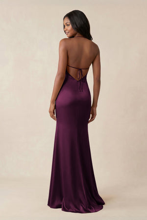 Mermaid V - Neck Satin Bridesmaid Dress With Slit in Sangria - KISS BRIDAL Bridesmaid Dresses