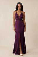 Mermaid V - Neck Satin Bridesmaid Dress With Slit in Sangria - KISS BRIDAL Bridesmaid Dresses