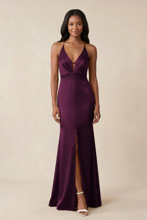 Mermaid V - Neck Satin Bridesmaid Dress With Slit in Sangria - KISS BRIDAL Bridesmaid Dresses
