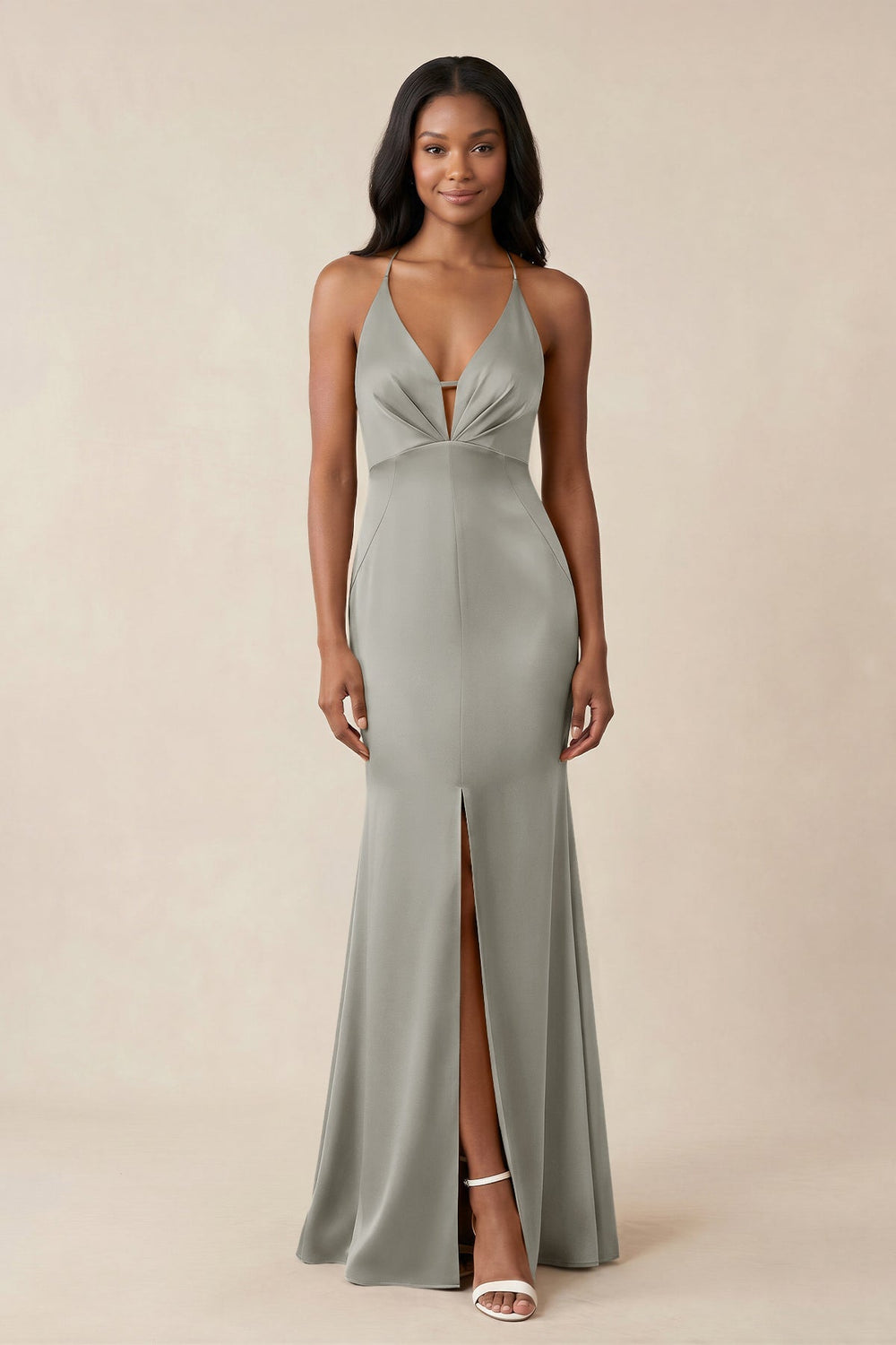 Mermaid V - Neck Satin Bridesmaid Dress With Slit in Silver - KISS BRIDAL Bridesmaid Dresses