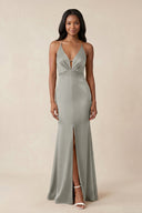 Mermaid V - Neck Satin Bridesmaid Dress With Slit in Silver - KISS BRIDAL Bridesmaid Dresses