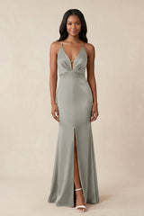 Mermaid V - Neck Satin Bridesmaid Dress With Slit in Silver - KISS BRIDAL Bridesmaid Dresses