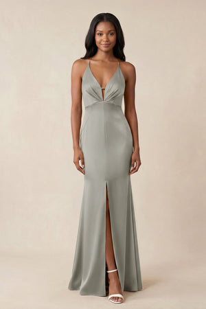 Mermaid V - Neck Satin Bridesmaid Dress With Slit in Silver - KISS BRIDAL Bridesmaid Dresses