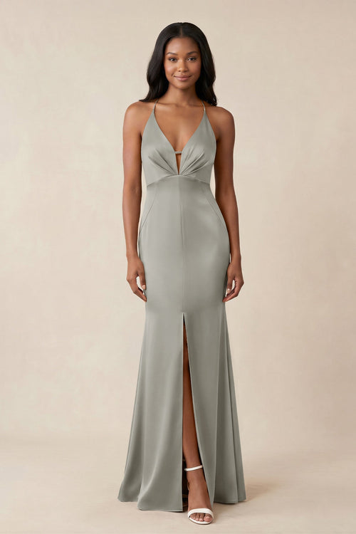 Mermaid V - Neck Satin Bridesmaid Dress With Slit in Silver - KISS BRIDAL Bridesmaid Dresses