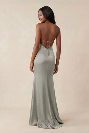 Mermaid V - Neck Satin Bridesmaid Dress With Slit in Silver - KISS BRIDAL Bridesmaid Dresses