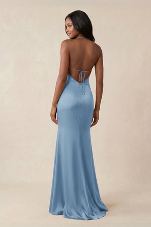 Mermaid V - Neck Satin Bridesmaid Dress With Slit in Sky Blue - KISS BRIDAL Bridesmaid Dresses