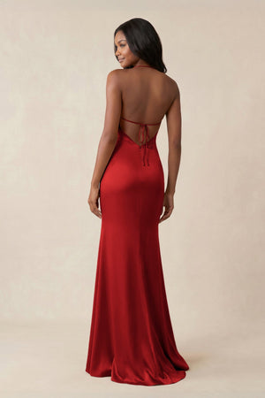 Mermaid V - Neck Satin Bridesmaid Dress With Slit in Spice - KISS BRIDAL Bridesmaid Dresses