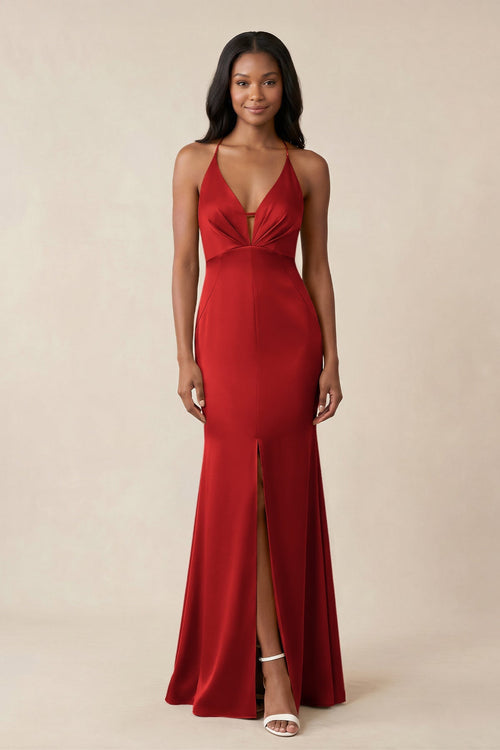 Mermaid V - Neck Satin Bridesmaid Dress With Slit in Spice - KISS BRIDAL Bridesmaid Dresses