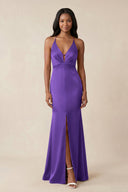 Mermaid V - Neck Satin Bridesmaid Dress With Slit in Tahiti - KISS BRIDAL Bridesmaid Dresses