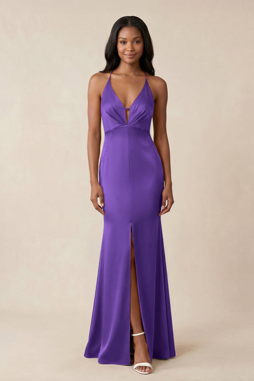 Mermaid V - Neck Satin Bridesmaid Dress With Slit in Tahiti - KISS BRIDAL Bridesmaid Dresses