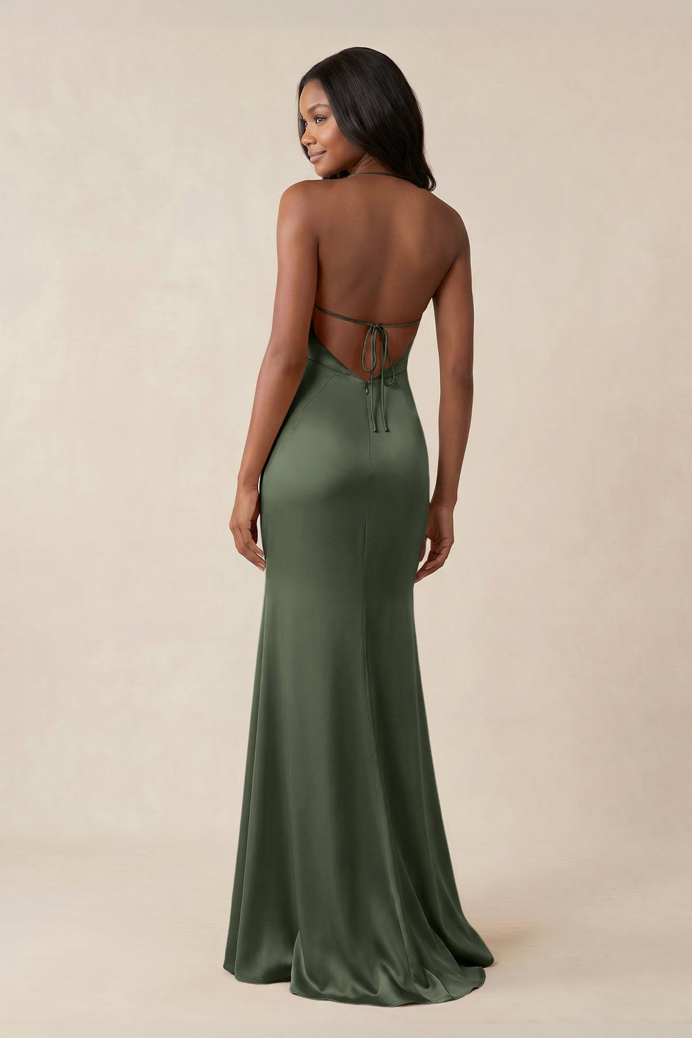 Mermaid V - Neck Satin Bridesmaid Dress With Slit in Thyme - KISS BRIDAL Bridesmaid Dresses