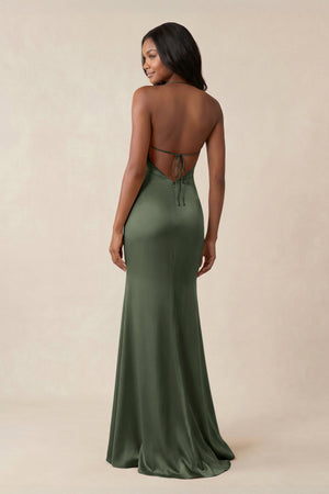Mermaid V - Neck Satin Bridesmaid Dress With Slit in Thyme - KISS BRIDAL Bridesmaid Dresses