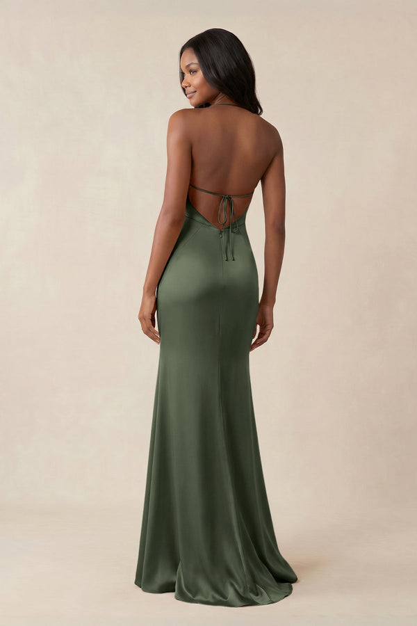 Mermaid V - Neck Satin Bridesmaid Dress With Slit in Thyme - KISS BRIDAL Bridesmaid Dresses