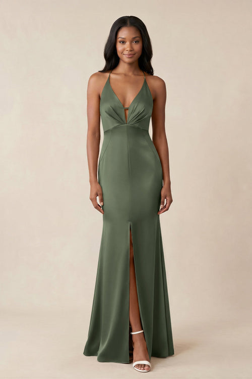 Mermaid V - Neck Satin Bridesmaid Dress With Slit in Thyme - KISS BRIDAL Bridesmaid Dresses