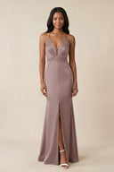 Mermaid V - Neck Satin Bridesmaid Dress With Slit in Toffee - KISS BRIDAL Bridesmaid Dresses