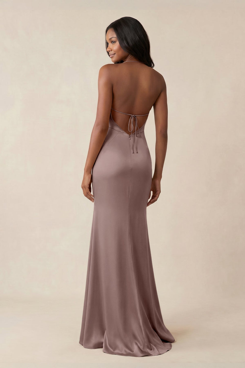 Mermaid V - Neck Satin Bridesmaid Dress With Slit in Toffee - KISS BRIDAL Bridesmaid Dresses