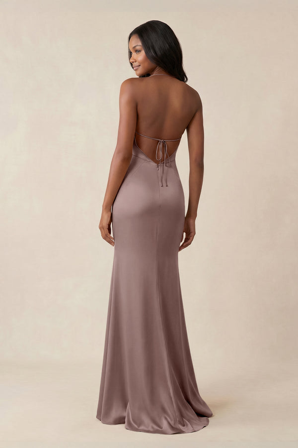 Mermaid V - Neck Satin Bridesmaid Dress With Slit in Toffee - KISS BRIDAL Bridesmaid Dresses