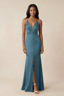 Mermaid V - Neck Satin Bridesmaid Dress With Slit in Twilight - KISS BRIDAL Bridesmaid Dresses