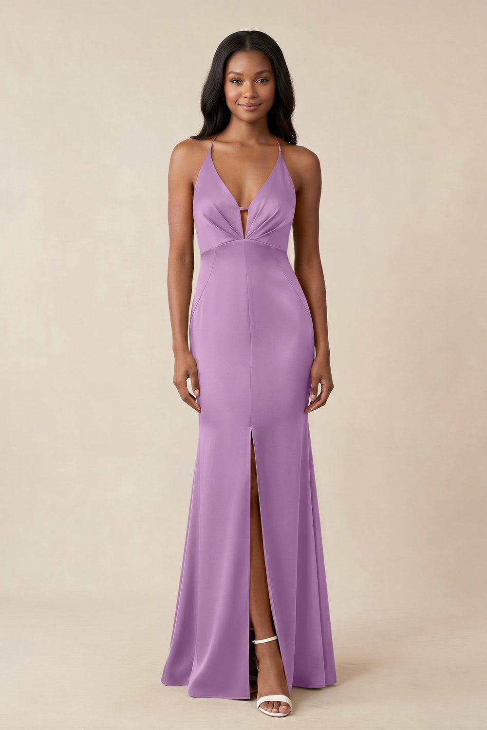 Mermaid V - Neck Satin Bridesmaid Dress With Slit in Vintage Mauve - KISS BRIDAL Bridesmaid Dresses