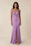 Mermaid V - Neck Satin Bridesmaid Dress With Slit in Vintage Mauve - KISS BRIDAL Bridesmaid Dresses