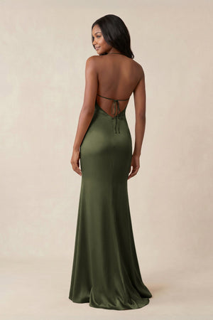 Mermaid V - Neck Satin Bridesmaid Dress With Slit in Willow Green - KISS BRIDAL Bridesmaid Dresses