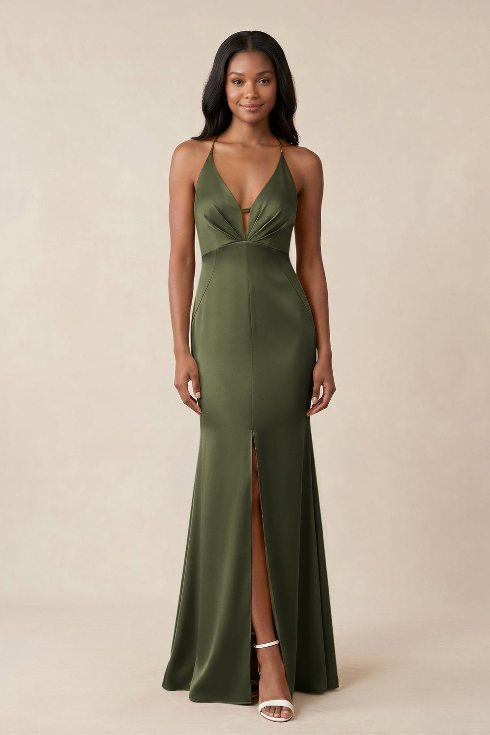 Mermaid V - Neck Satin Bridesmaid Dress With Slit in Willow Green - KISS BRIDAL Bridesmaid Dresses