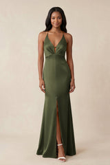 Mermaid V - Neck Satin Bridesmaid Dress With Slit in Willow Green - KISS BRIDAL Bridesmaid Dresses