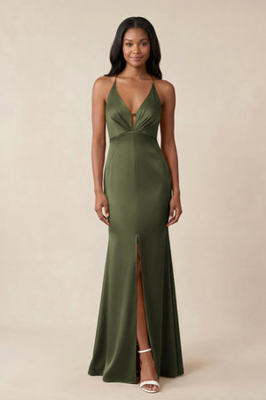Mermaid V - Neck Satin Bridesmaid Dress With Slit in Willow Green - KISS BRIDAL Bridesmaid Dresses