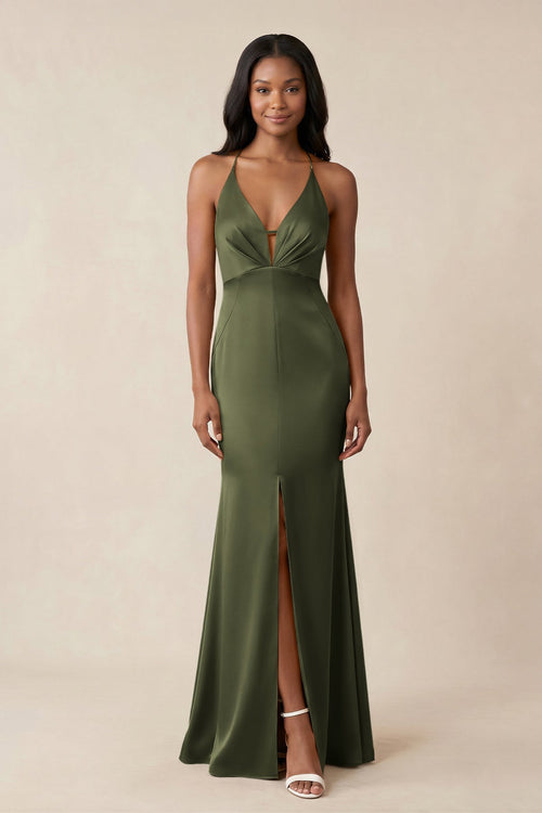 Mermaid V - Neck Satin Bridesmaid Dress With Slit in Willow Green - KISS BRIDAL Bridesmaid Dresses