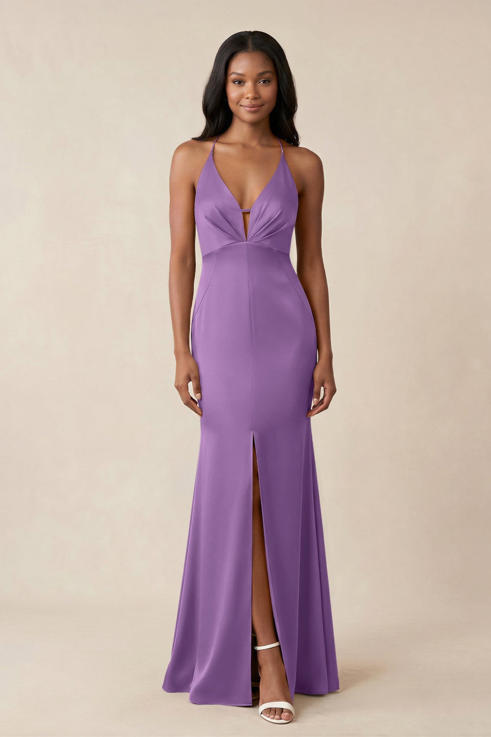 Mermaid V - Neck Satin Bridesmaid Dress With Slit in Wisteria - KISS BRIDAL Bridesmaid Dresses