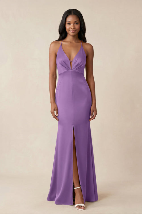 Mermaid V - Neck Satin Bridesmaid Dress With Slit in Wisteria - KISS BRIDAL Bridesmaid Dresses