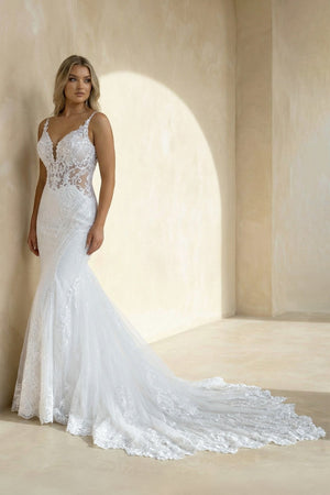 Mermaid V Neck Satin Lace Wedding Dresses in White - SHE IS ME Wedding Dresses