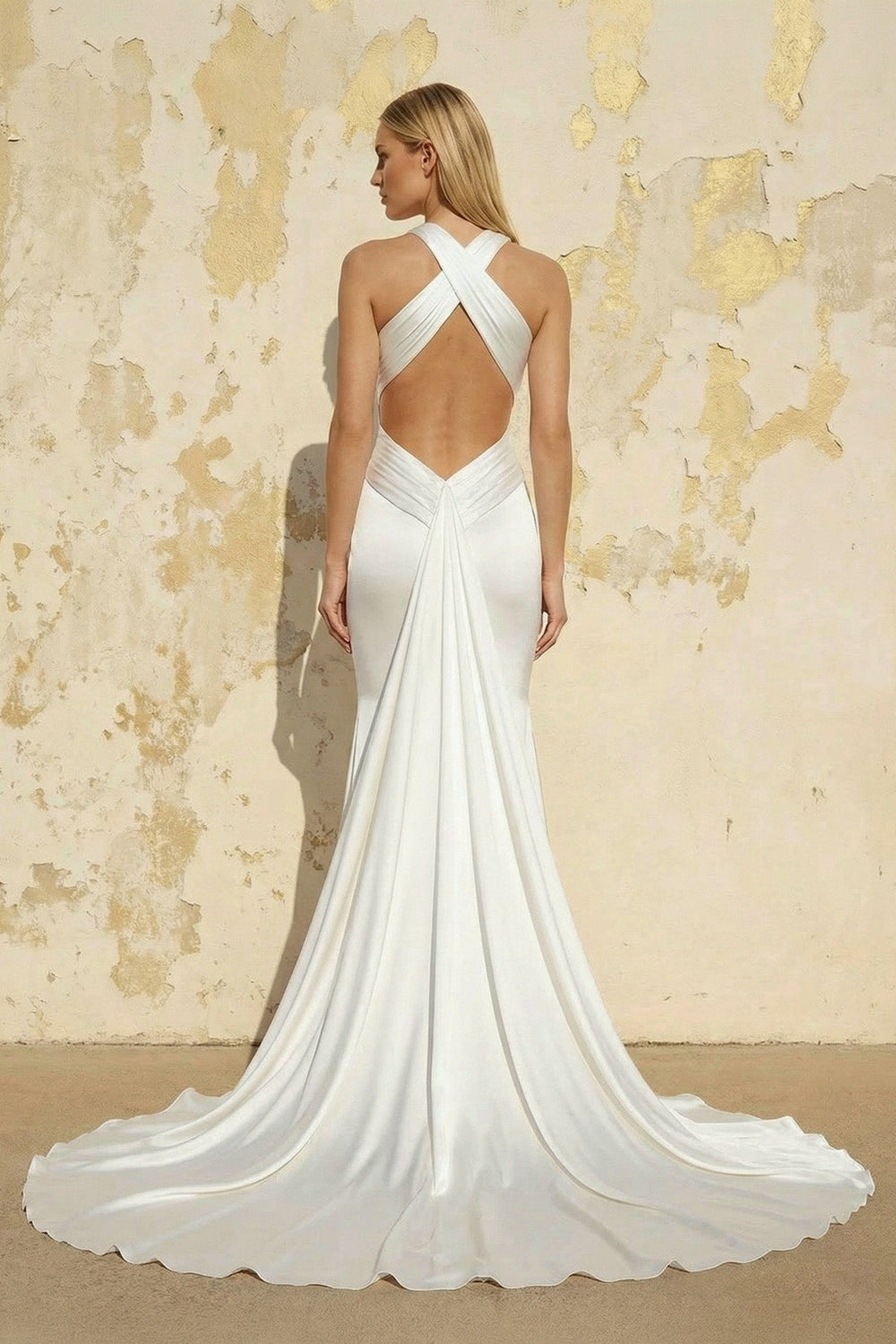 Mermaid V Neck Satin Wedding Dress in White - SHE IS ME Wedding Dresses