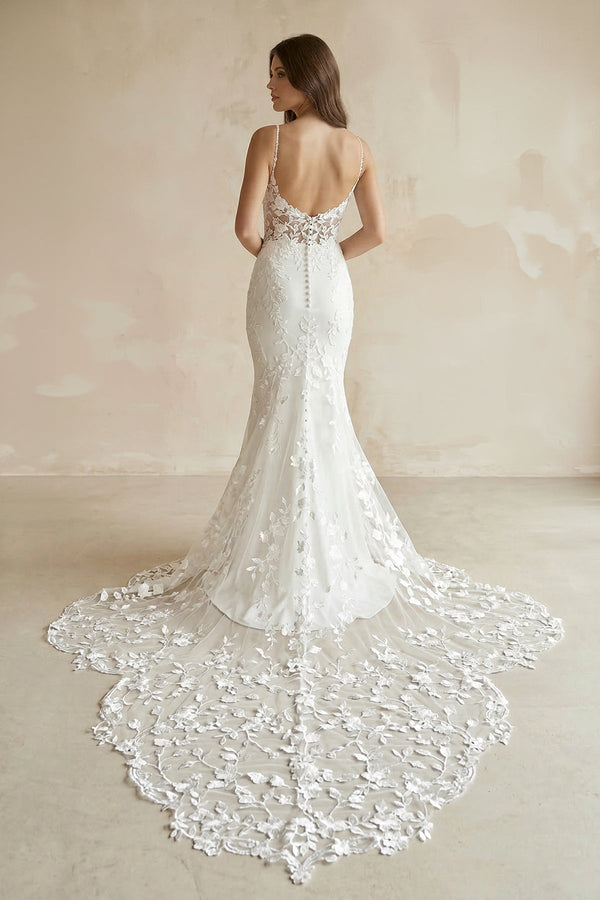Mermaid V Neck Satin Wedding Dress With Appliques in White - SHE IS ME Wedding Dresses