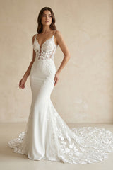 Mermaid V Neck Satin Wedding Dress With Appliques in White - KISS BRIDAL Wedding Dresses