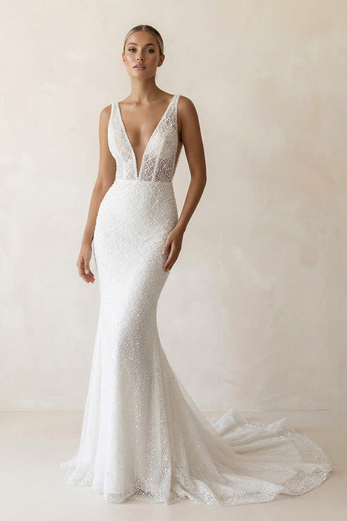 Mermaid V Neck Sequins Lace Long Wedding Dresses in White - SHE IS ME Wedding Dresses