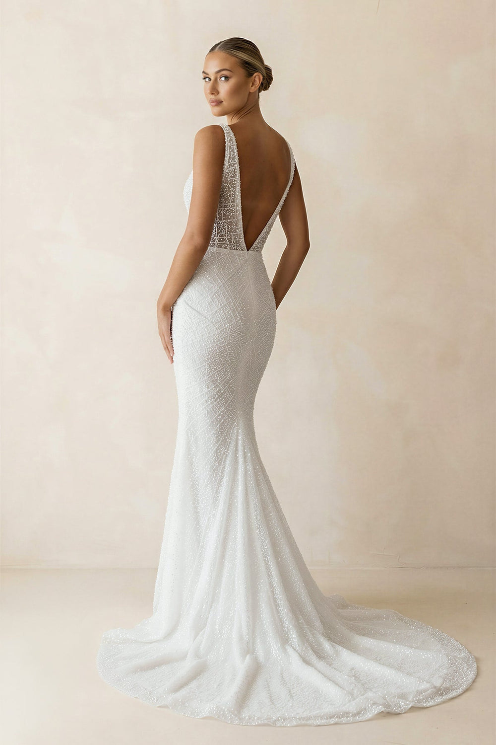 Mermaid V Neck Sequins Lace Long Wedding Dresses in White - SHE IS ME Wedding Dresses