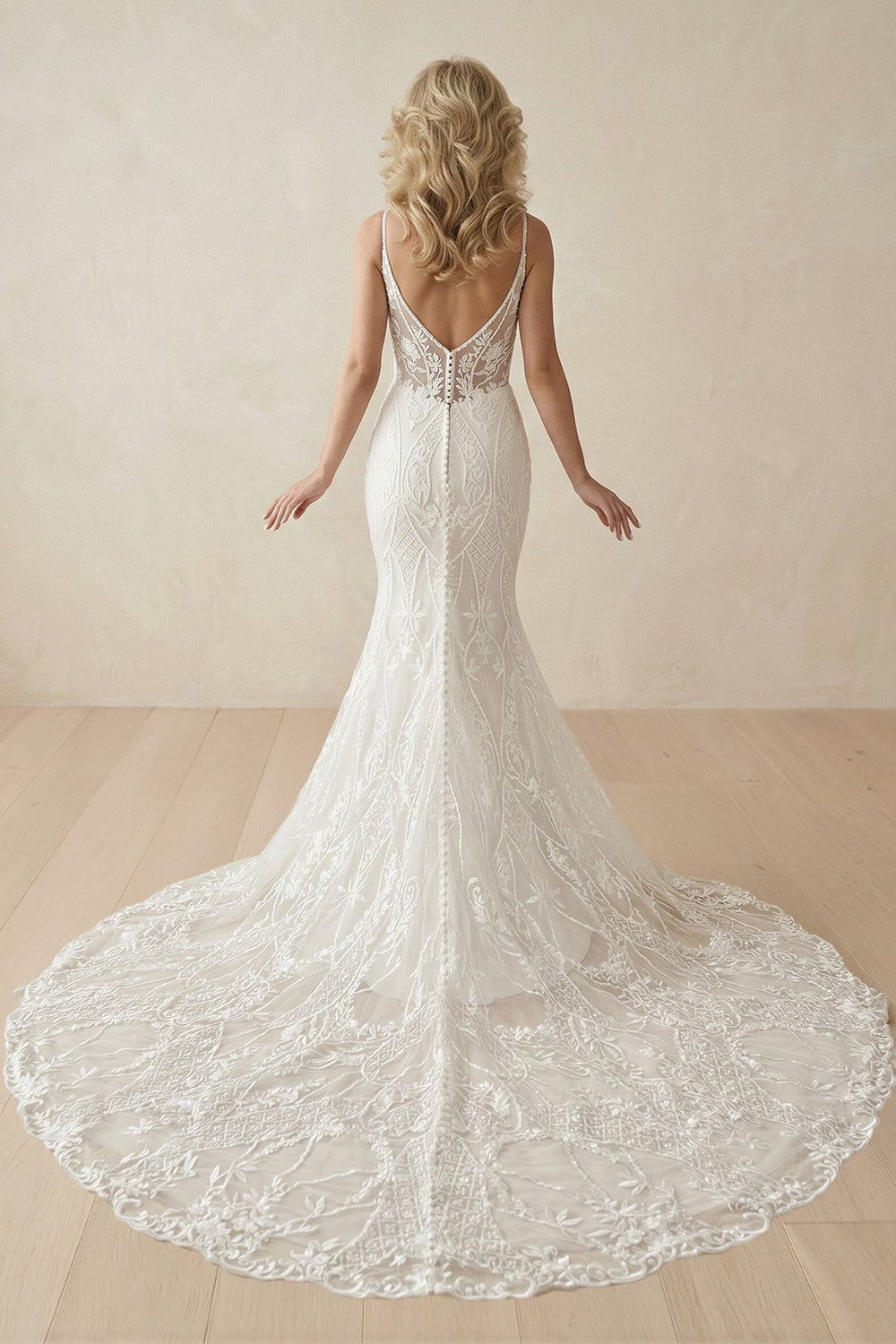 Mermaid V - Neck Spaghetti Straps Sweep Train Wedding Dress - SHE IS ME Wedding Dresses