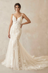 Mermaid V Neck Tulle Wedding Dresses with Appliques in Ivory - KISS BRIDAL Wedding Dresses