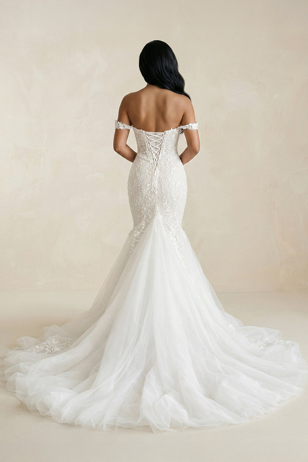 Off - the - Shoulder Mermaid Tulle Appliqued Wedding Dress in White - KISS BRIDAL Wedding Dresses