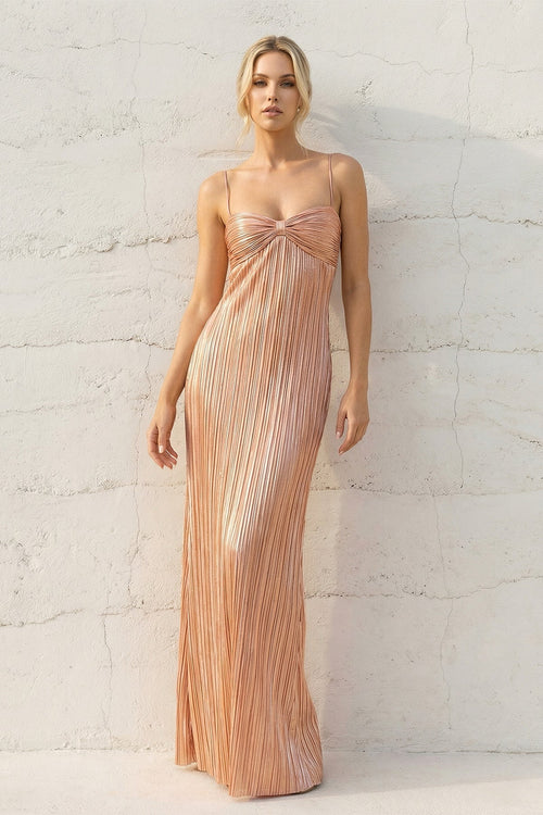 Metallic Pleated Maxi Dress in Rose Gold - SHE IS ME