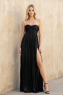 Metallic Strapless Maxi Dress With Slit in Black - KISS BRIDAL