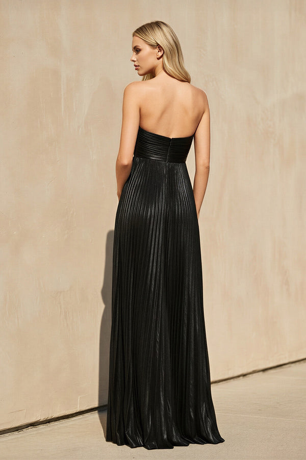 Metallic Strapless Maxi Dress With Slit in Black - SHE IS ME